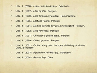 Little, J. (2006). Listen, said the donkey. Scholastic.

Little, J. (1987). Little by little. Penguin.

Little, J. (1970). Look through my window. Harper & Row.

Little, J. (1985). Lost and Found. Penguin.

Little, J. (1984). Mama’s going to buy you a mockingbird. Penguin.

Little, J. (1962). Mine for keeps. Penguin.

Little, J. (1991). One upon a golden apple. Penguin.

Little, J. (1969). One to grow on. Penguin.

Little, J. (2001). Orphan at my door: the home child diary of Victoria
Cope. Scholastic.

Little, J. (2003). Pippin the Christmas pig. Scholastic

Little, J. (2004). Rescue Pup. Orca
 
