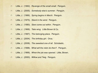 Little, J. (1992). Revenge of the small small. Penguin.

Little, J. (2005). Somebody else’s summer. Penguin.

Little, J. (1966). Spring begins in March. Penguin.

Little, J. (1975). Stand in the wind. Penguin.

Little, J. (1990). Stars come out within. Penguin.

Little, J. (1968). Take wing. Little Brown & Co.

Little, J. (1997). The belonging place. Penguin.

Little, J. (2004). The birthday girl. Orca.

Little, J. (2008). The sweetest one of all. Scholastic.

Little, J. (1998). What will the robin do then?. Penguin.

Little, J. (1968). When the pie was opened. Little, Brown.

Little, J. (2000). Willow and Twig. Penguin.
 