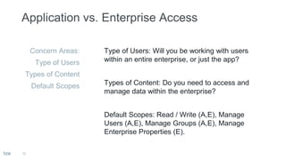 12
Concern Areas:
Type of Users
Types of Content
Default Scopes
Type of Users: Will you be working with users
within an entire enterprise, or just the app?
Types of Content: Do you need to access and
manage data within the enterprise?
Default Scopes: Read / Write (A,E), Manage
Users (A,E), Manage Groups (A,E), Manage
Enterprise Properties (E).
 