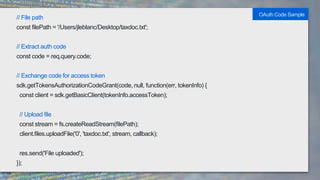 // File path
const filePath = '/Users/jleblanc/Desktop/taxdoc.txt';
// Extract auth code
const code = req.query.code;
// Exchange code for access token
sdk.getTokensAuthorizationCodeGrant(code, null, function(err, tokenInfo) {
const client = sdk.getBasicClient(tokenInfo.accessToken);
// Upload file
const stream = fs.createReadStream(filePath);
client.files.uploadFile('0', 'taxdoc.txt', stream, callback);
res.send('File uploaded');
});
OAuth Code Sample
 