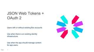 Users with or without existing Box accounts
Use when there is an existing identity
infrastructure.
Use when the app should manage content
for app users.
7
 