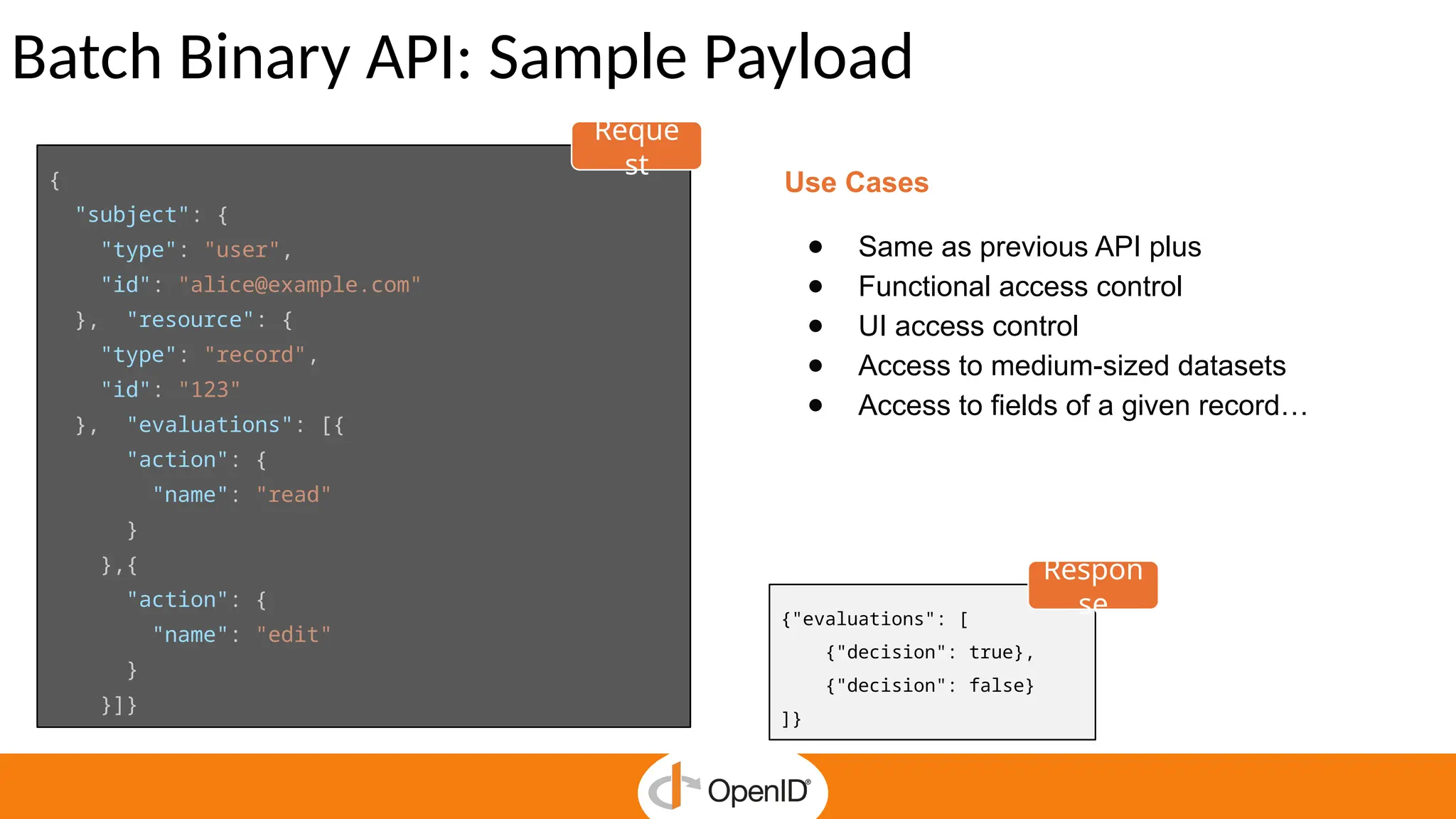 Batch Binary API: Sample Payload
Use Cases
● Same as previous API plus
● Functional access control
● UI access control
● Access to medium-sized datasets
● Access to fields of a given record…
{
"subject": {
"type": "user",
"id": "alice@example.com"
}, "resource": {
"type": "record",
"id": "123"
}, "evaluations": [{
"action": {
"name": "read"
}
},{
"action": {
"name": "edit"
}
}]}
{"evaluations": [
{"decision": true},
{"decision": false}
]}
Reque
st
Respon
se
 