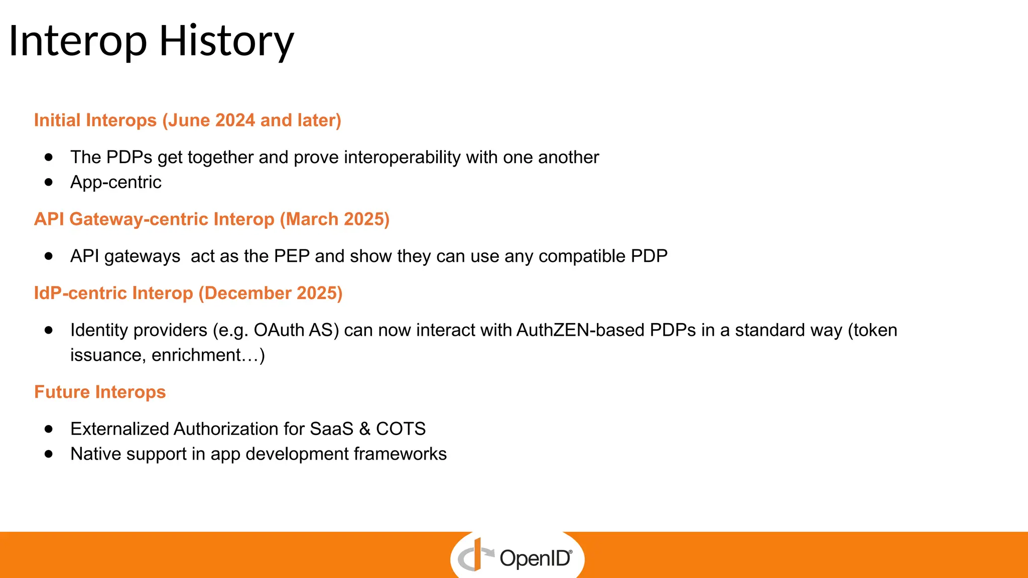 Interop History
Initial Interops (June 2024 and later)
● The PDPs get together and prove interoperability with one another
● App-centric
API Gateway-centric Interop (March 2025)
● API gateways act as the PEP and show they can use any compatible PDP
IdP-centric Interop (December 2025)
● Identity providers (e.g. OAuth AS) can now interact with AuthZEN-based PDPs in a standard way (token
issuance, enrichment…)
Future Interops
● Externalized Authorization for SaaS & COTS
● Native support in app development frameworks
 