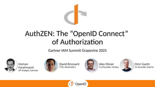 AuthZEN: The “OpenID Connect”
of Authorization
Gartner IAM Summit Grapevine 2025
Alex Olivier
Co-founder, Cerbos
David Bro...