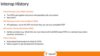 Interop History
Initial Interops (June 2024 and later)
● The PDPs get together and prove interoperability with one another
● App-centric
API Gateway-centric Interop (March 2025)
● API gateways act as the PEP and show they can use any compatible PDP
IdP-centric Interop (December 2025)
● Identity providers (e.g. OAuth AS) can now interact with AuthZEN-based PDPs in a standard way (token
issuance, enrichment…)
Future Interops
● Externalized Authorization for SaaS & COTS
● Native support in app development frameworks
 
