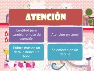 Atención
  Lentitud para
cambiar el foco de   Atención en túnel
    atención

Enfoca mas de un
                     Se enfocan en un
detalle nunca un
                          detalle
      todo
 