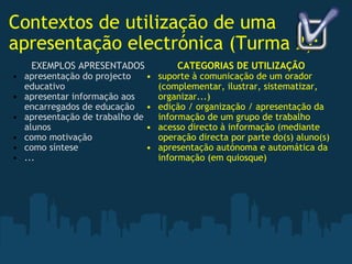 Contextos de utilização de uma apresentação electrónica (Turma 2): EXEMPLOS APRESENTADOS apresentação do projecto educativo apresentar informação aos encarregados de educação apresentação de trabalho de alunos como motivação como síntese ... CATEGORIAS DE UTILIZAÇÃO suporte à comunicação de um orador (complementar, ilustrar, sistematizar, organizar...) edição / organização / apresentação da informação de um grupo de trabalho acesso directo à informação (mediante operação directa por parte do(s) aluno(s) apresentação autónoma e automática da informação (em quiosque)    