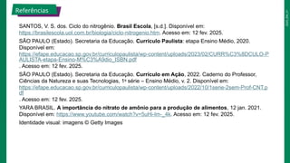 2025_EM_V1
SANTOS, V. S. dos. Ciclo do nitrogênio. Brasil Escola, [s.d.]. Disponível em:
https://brasilescola.uol.com.br/biologia/ciclo-nitrogenio.htm. Acesso em: 12 fev. 2025.
SÃO PAULO (Estado). Secretaria da Educação. Currículo Paulista: etapa Ensino Médio, 2020.
Disponível em:
https://efape.educacao.sp.gov.br/curriculopaulista/wp-content/uploads/2023/02/CURR%C3%8DCULO-P
AULISTA-etapa-Ensino-M%C3%A9dio_ISBN.pdf
. Acesso em: 12 fev. 2025.
SÃO PAULO (Estado). Secretaria da Educação. Currículo em Ação, 2022. Caderno do Professor,
Ciências da Natureza e suas Tecnologias, 1a
série – Ensino Médio, v. 2. Disponível em:
https://efape.educacao.sp.gov.br/curriculopaulista/wp-content/uploads/2022/10/1serie-2sem-Prof-CNT.p
df
. Acesso em: 12 fev. 2025.
YARA BRASIL. A importância do nitrato de amônio para a produção de alimentos, 12 jan. 2021.
Disponível em: https://www.youtube.com/watch?v=5uHi-lm-_4k. Acesso em: 12 fev. 2025.
Identidade visual: imagens © Getty Images
Referências
 