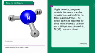 2025_EM_V1
O gás de odor pungente,
amônia, tira seu nome dos
amonianos – adoradores do
Deus egípcio Amon –, os
quais, como os covardes de
anos mais recentes, usavam
sal volátil (cloreto de amônio,
NH4Cl) nos seus rituais.
(ATKINS, 2000)
Amônia (NH3).
Produzido pela SEDUC-SP com imagem © Pixabay.
Foco no conteúdo
N
H
H
H
 