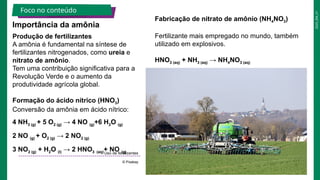 2025_EM_V1
Produção de fertilizantes
A amônia é fundamental na síntese de
fertilizantes nitrogenados, como ureia e
nitrato de amônio.
Tem uma contribuição significativa para a
Revolução Verde e o aumento da
produtividade agrícola global.
Formação do ácido nítrico (HNO3)
Conversão da amônia em ácido nítrico:
4 NH3 ​
(g) + 5 O2 (g) ​
→ 4 NO (g)+6 H2​
O (g)
2 NO (g) + O2 (g)​→ 2 NO2 (g)​
3 NO2 (g)​+ H2​
O (l) → 2 HNO3 (aq)+ NO (g)
Importância da amônia
Uso de fertilizantes
© Pixabay
Foco no conteúdo
Fabricação de nitrato de amônio (NH4NO3)
Fertilizante mais empregado no mundo, também
utilizado em explosivos.
HNO3 (aq) + NH3 (aq) → NH4NO3 (aq)
 