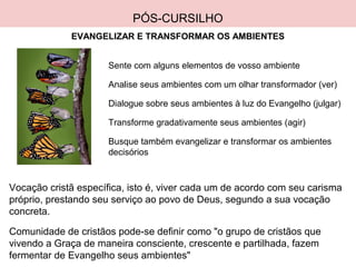 PÓS-CURSILHO
Vocação cristã específica, isto é, viver cada um de acordo com seu carisma
próprio, prestando seu serviço ao povo de Deus, segundo a sua vocação
concreta.
Comunidade de cristãos pode-se definir como "o grupo de cristãos que
vivendo a Graça de maneira consciente, crescente e partilhada, fazem
fermentar de Evangelho seus ambientes"
EVANGELIZAR E TRANSFORMAR OS AMBIENTES
Sente com alguns elementos de vosso ambiente
Analise seus ambientes com um olhar transformador (ver)
Dialogue sobre seus ambientes à luz do Evangelho (julgar)
Transforme gradativamente seus ambientes (agir)
Busque também evangelizar e transformar os ambientes
decisórios
 