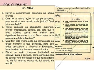 PÓS-CURSILHO
5º - AÇÃO
a. Rever o compromisso assumido na última
reunião
b. Qual foi a minha ação no campo temporal,
para construir um mundo mais juntos? Qual
foi o resultado?
c. Tentei remover os obstáculos materiais,
morais, intelectuais, sociais, etc. para que o
meu próximo possa viver melhor sua
dignidade humanas como Deus quer e o
ajustes a refletir sobre isso?
d. Qual tem sido minha ação na comunidade ou
grupo humano a que pertenço, para que
todos descubram a vivencia o Evangelho,
levantando-o aos homens nossos irmãos.
e. Plano de ação concreto (individual ou
coletivo) para a semana, como consequência
do que foi visto no estudo do que foi realizado
ou de foi visto no estudo do foi tratado na
reunião
 