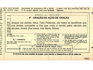 6º - ORAÇÃO DE AÇÃO DE GRAÇAS
Graças vos damos, Deus Todo Poderoso, por todos os benefícios que
nos tendes concedido a Vós que viveis e reinais pelos séculos dos
séculos, Amém (Pai nosso, Ave Maria, Glória).
 