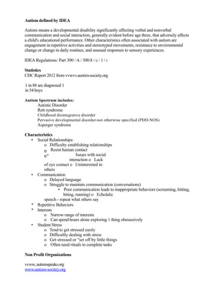 Autism defined by IDEA

Autism means a developmental disability significantly affecting verbal and nonverbal
communication...