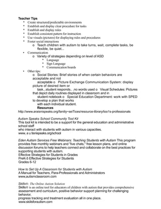 Teacher Tips
    * Create structured/predictable environments
    * Establish and display clear procedure for tasks
    * ...