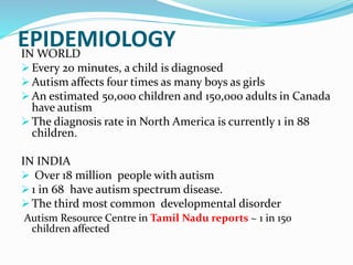 EPIDEMIOLOGYIN WORLD
 Every 20 minutes, a child is diagnosed
 Autism affects four times as many boys as girls
 An estimated 50,000 children and 150,000 adults in Canada
have autism
 The diagnosis rate in North America is currently 1 in 88
children.
IN INDIA
 Over 18 million people with autism
 1 in 68 have autism spectrum disease.
 The third most common developmental disorder
Autism Resource Centre in Tamil Nadu reports ~ 1 in 150
children affected
 