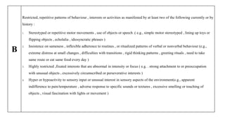 B
Restricted, repetitive patterns of behaviour , interests or activities as manifested by at least two of the following currently or by
history :
1. Stereotyped or repetitive motor movements , use of objects or speech .( e.g., simple motor stereotyped , lining up toys or
flipping objects , echolalia , idiosyncratic phrases )
2. Insistence on sameness , inflexible adherence to routines , or ritualized patterns of verbal or nonverbal behaviour (e.g.,
extreme distress at small changes , difficulties with transitions , rigid thinking patterns , greeting rituals , need to take
same route or eat same food every day )
3. Highly restricted ,fixated interests that are abnormal in intensity or focus ( e.g. . strong attachment to or preoccupation
with unusual objects , excessively circumscribed or perseverative interests )
4. Hyper or hypoactivity to sensory input or unusual interest in sensory aspects of the environment(e.g., apparent
indifference to pain/temperature , adverse response to specific sounds or textures , excessive smelling or touching of
objects , visual fascination with lights or movement )
 