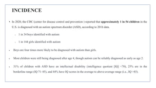 INCIDENCE
• In 2020, the CDC (center for disease control and prevention ) reported that approximately 1 in 54 children in the
U.S. is diagnosed with an autism spectrum disorder (ASD), according to 2016 data.
o 1 in 34 boys identified with autism
o 1 in 144 girls identified with autism
 Boys are four times more likely to be diagnosed with autism than girls.
 Most children were still being diagnosed after age 4, though autism can be reliably diagnosed as early as age 2.
 31% of children with ASD have an intellectual disability (intelligence quotient [IQ] <70), 25% are in the
borderline range (IQ 71–85), and 44% have IQ scores in the average to above-average range (i.e., IQ >85).
 