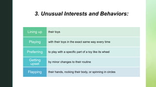z
3. Unusual Interests and Behaviors:
their toys
Lining up
with their toys in the exact same way every time
Playing
to play with a specific part of a toy like its wheel
Preferring
by minor changes to their routine
Getting
upset
their hands, rocking their body, or spinning in circles
Flapping
 
