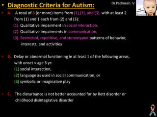 • Diagnostic Criteria for Autism:                              Dr.Padmesh. V

• A. A total of 6 (or more) items from (1),(2), and (3), with at least 2
      from (1) and 1 each from (2) and (3):
     (1). Qualitative impairment in social interaction,
     (2). Qualitative impairments in communication,
     (3). Restricted, repetitive, and stereotyped patterns of behavior,
          interests, and activities

• B. Delay or abnormal functioning in at least 1 of the following areas,
     with onset < age 3 yr:
     (1) social interaction,
     (2) language as used in social communication, or
     (3) symbolic or imaginative play

• C. The disturbance is not better accounted for by Rett disorder or
     childhood disintegrative disorder
 