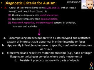 • Diagnostic Criteria for Autism:                              Dr.Padmesh. V

• A. A total of 6 (or more) items from (1),(2), and (3), with at least 2
      from (1) and 1 each from (2) and (3):
     (1). Qualitative impairment in social interaction,
     (2). Qualitative impairments in communication,
     (3). Restricted, repetitive, and stereotyped patterns of behavior,
          interests, and activities

• B. Delay or abnormal functioning in at least 1 of the following areas,
  a. with onset < age 3preoccupation with ≥1 stereotyped and restricted
     Encompassing yr:
     (1) social interaction,
    pattern of interest that is abnormal in either intensity or focus
 b. Apparently inflexiblesocial communication, or nonfunctional routines
     (2) language as used in adherence to specific,
     (3) symbolic or imaginative play rituals
                                   or
 c. Stereotyped and repetitive motor mannerisms (e.g., hand or finger
• C. The disturbance is not better accounted for by Rett disorder or
       flapping or twisting or complex whole body movements)
      childhoodPersistent precoccupation with parts of objects
           d. disintegrative disorder
 
