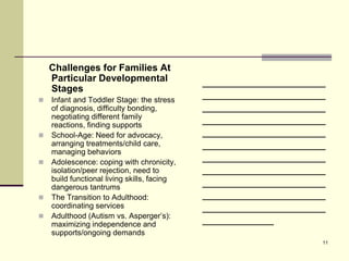 Challenges for Families At
    Particular Developmental                 ___________________
    Stages
   Infant and Toddler Stage: the stress
                                             ___________________
    of diagnosis, difficulty bonding,        ___________________
    negotiating different family             ___________________
    reactions, finding supports
   School-Age: Need for advocacy,           ___________________
    arranging treatments/child care,         ___________________
    managing behaviors
   Adolescence: coping with chronicity,
                                             ___________________
    isolation/peer rejection, need to        ___________________
    build functional living skills, facing
    dangerous tantrums
                                             ___________________
   The Transition to Adulthood:             ___________________
    coordinating services                    ___________________
   Adulthood (Autism vs. Asperger’s):
    maximizing independence and
                                             ___________
    supports/ongoing demands
                                                               11
 