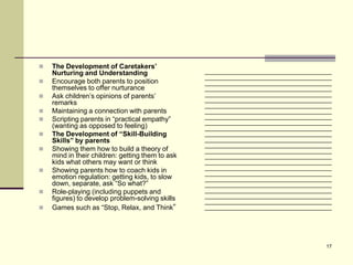    The Development of Caretakers’
    Nurturing and Understanding                   _______________________________________
                                                  _______________________________________
   Encourage both parents to position            _______________________________________
    themselves to offer nurturance                _______________________________________
   Ask children’s opinions of parents’           _______________________________________
                                                  _______________________________________
    remarks                                       _______________________________________
   Maintaining a connection with parents         _______________________________________
   Scripting parents in “practical empathy”      _______________________________________
                                                  _______________________________________
    (wanting as opposed to feeling)               _______________________________________
   The Development of “Skill-Building            _______________________________________
    Skills” by parents                            _______________________________________
                                                  _______________________________________
   Showing them how to build a theory of         _______________________________________
    mind in their children: getting them to ask   _______________________________________
    kids what others may want or think            _______________________________________
   Showing parents how to coach kids in          _______________________________________
                                                  _______________________________________
    emotion regulation: getting kids, to slow     _______________________________________
    down, separate, ask “So what?”                _______________________________________
   Role-playing (including puppets and           _______________________________________
    figures) to develop problem-solving skills    _______________________________________
                                                  _______________________________________
   Games such as “Stop, Relax, and Think”        _______________________________________




                                                                                       17
 