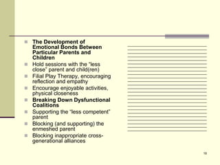  The Development of                   _______________________________________
    Emotional Bonds Between            _______________________________________
    Particular Parents and             _______________________________________
                                       _______________________________________
    Children                           _______________________________________
                                       _______________________________________
   Hold sessions with the “less       _______________________________________
    close” parent and child(ren)       _______________________________________
                                       _______________________________________
   Filial Play Therapy, encouraging   _______________________________________
                                       _______________________________________
    reflection and empathy             _______________________________________
   Encourage enjoyable activities,    _______________________________________
                                       _______________________________________
    physical closeness                 _______________________________________
                                       _______________________________________
   Breaking Down Dysfunctional        _______________________________________
    Coalitions                         _______________________________________
                                       _______________________________________
   Supporting the “less competent”    _______________________________________
                                       _______________________________________
    parent                             _______________________________________
                                       _______________________________________
   Blocking (and supporting) the      _______________________________________
    enmeshed parent                    _______________________________________
   Blocking inappropriate cross-
    generational alliances

                                                                            18
 