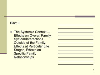 Part II                        ___________________
                               ___________________
 The Systemic Context—        ___________________
  Effects on Overall Family    ___________________
  System/Interactions          ___________________
  Outside of the Family,       ___________________
  Effects at Particular Life   ___________________
  Stages, Effects on           ___________________
  Specific Family              ___________________
  Relationships                ___________________
                               ___________________
                               ___________________
                                                 3
 