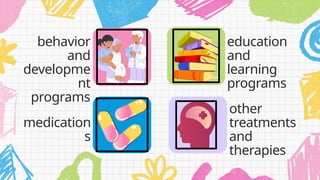 behavior
and
developme
nt
programs
medication
s
education
and
learning
programs
other
treatments
and
therapies
 