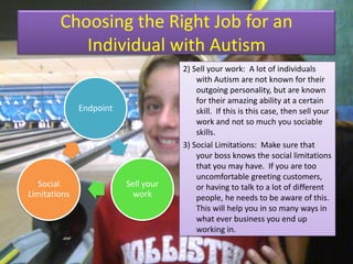 Choosing the Right Job for an Individual with Autism2) Sell your work:  A lot of individuals with Autism are not known for their outgoing personality, but are known for their amazing ability at a certain skill.  If this is this case, then sell your work and not so much you sociable skills.3) Social Limitations:  Make sure that your boss knows the social limitations that you may have.  If you are too uncomfortable greeting customers, or having to talk to a lot of different people, he needs to be aware of this.  This will help you in so many ways in what ever business you end up working in.