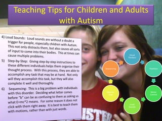 Teaching Tips for Children and Adults with Autism4) Loud Sounds:  Loud sounds are without a doubt a trigger for people, especially children with Autism.  This not only distracts them, but also causes all sorts of input to come into their bodies.  This at times can cause multiple problems.Step-by-Step:  Giving step-by-step instructions to these different individuals helps them organize their thought process.  With this process, they are able to accomplish any task that may be at hand.  Not only will they accomplish this task, but they will also complete it well and thoroughly. Sequencing:  This is a big problem with individuals with this disorder.  Deciding what letter comes before “b” can be as confusing to them as asking us what E=mc*2 means.  For some reason it does not click with them right away.  It is best to teach them with motions, rather than with just words.