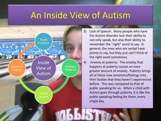 An Inside View of AutismLack of Speech:  Many people who have the Autism disorder lack their ability to not only speak, but also their ability to remember the “right” word to say.  In general, the ones who are verbal have plenty to say, but they just can’t think of the right word sometimes.Anxiety at puberty:  The anxiety that happens at puberty causes an even greater amount of anxiety.  Puberty brings all of these new emotions/feelings into their bodies that they haven’t experienced before.  This was compared to that of public speaking for us.  When a child with Autism goes through puberty, it is like the public speaking feeling for them, every single day.