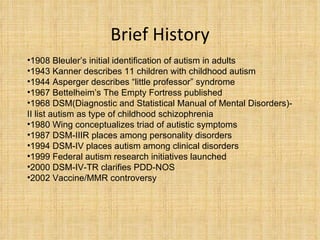 Brief History 1908 Bleuler’s initial identification of autism in adults 1943 Kanner describes 11 children with childhood autism 1944 Asperger describes “little professor” syndrome 1967 Bettelheim’s The Empty Fortress published 1968 DSM(Diagnostic and Statistical Manual of Mental Disorders)-II list autism as type of childhood schizophrenia 1980 Wing conceptualizes triad of autistic symptoms 1987 DSM-IIIR places among personality disorders 1994 DSM-IV places autism among clinical disorders 1999 Federal autism research initiatives launched 2000 DSM-IV-TR clarifies PDD-NOS 2002 Vaccine/MMR controversy 