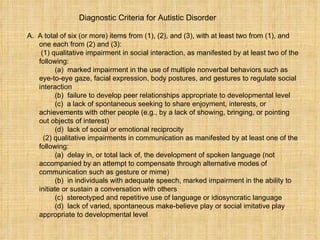 Diagnostic Criteria for Autistic Disorder A.  A total of six (or more) items from (1), (2), and (3), with at least two from (1), and one each from (2) and (3): (1) qualitative impairment in social interaction, as manifested by at least two of the following: (a)  marked impairment in the use of multiple nonverbal behaviors such as  eye-to-eye gaze, facial expression, body postures, and gestures to regulate social interaction (b)  failure to develop peer relationships appropriate to developmental level (c)  a lack of spontaneous seeking to share enjoyment, interests, or achievements with other people (e.g., by a lack of showing, bringing, or pointing out objects of interest) (d)  lack of social or emotional reciprocity (2) qualitative impairments in communication as manifested by at least one of the following: (a)  delay in, or total lack of, the development of spoken language (not accompanied by an attempt to compensate through alternative modes of communication such as gesture or mime) (b)  in individuals with adequate speech, marked impairment in the ability to initiate or sustain a conversation with others (c)  stereotyped and repetitive use of language or idiosyncratic language (d)  lack of varied, spontaneous make-believe play or social imitative play appropriate to developmental level (3)  restricted repetitive and stereotyped patterns of behavior, interests, and activities, as manifested by at least one of the following: (a)  encompassing preoccupation with one or more stereotyped and restricted patterns of interest that is abnormal either in intensity or focus (b)  apparently inflexible adherence to specific, nonfunctional routines or rituals (c)  stereotyped and repetitive motor mannerisms (e.g., hand or finger flapping or twisting, or complex whole-body movements) (d)  persistent preoccupation with parts of objects Delays or abnormal functioning in at least one of the following areas, with onset prior to age 3 years: (1) social interaction, (2) language used in social communication, or (3) symbolic or imaginative play. The disturbance is not better accounted for by Rett’s Disorder or Childhood Disintegrative Disorder  