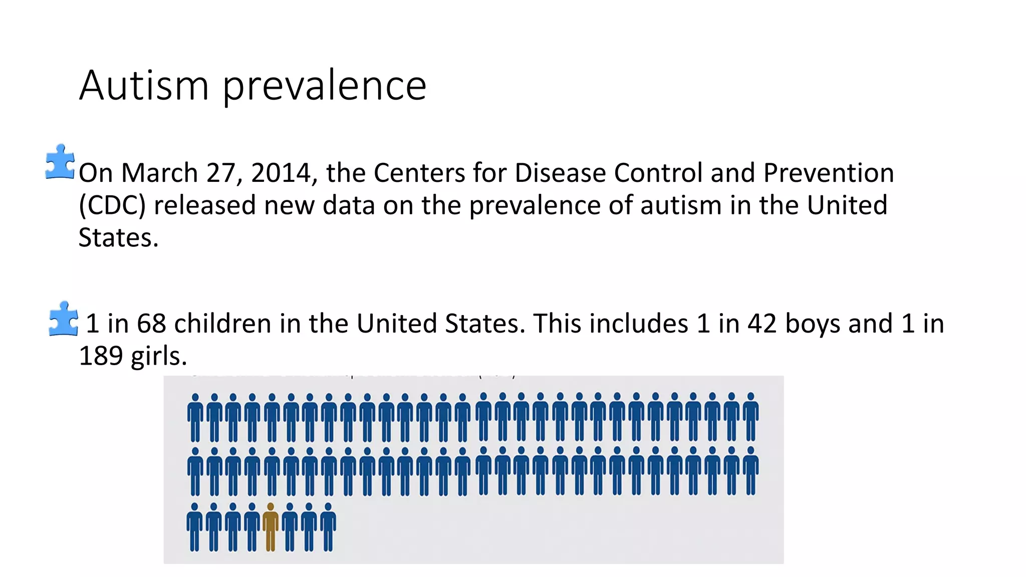 Autism prevalence
On March 27, 2014, the Centers for Disease Control and Prevention
(CDC) released new data on the prevalence of autism in the United
States.
1 in 68 children in the United States. This includes 1 in 42 boys and 1 in
189 girls.
 