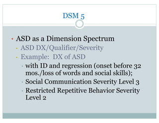 DSM 5
•  ASD as a Dimension Spectrum
•  ASD DX/Qualifier/Severity
•  Example: DX of ASD
•  with ID and regression (onset before 32
mos./loss of words and social skills);
•  Social Communication Severity Level 3
•  Restricted Repetitive Behavior Severity
Level 2
 
