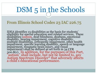 DSM 5 in the Schools
From Illinois School Codes 23 IAC 226.75
IDEA identifies 13 disabilities as the basis for students
eligibility for special education and related services. These
disabilities (autism, deaf-blindness, deafness, emotional
disability, hearing impairment, cognitive disability,
multiple disabilities, orthopedic impairment, other health
impairment, specific learning disability, speech or language
impairment, traumatic brain injury, and visual
impairment) shall be defined as set forth in 34 CFR
300.8(c). In addition, for the purposes of this Part,
autism shall include, but not be limited to, any
Autism Spectrum Disorder* that adversely affects
a child s educational performance.
 