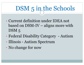 DSM 5 in the Schools
•  Current definition under IDEA not
based on DSM-IV – aligns more with
DSM 5
•  Federal Disability Category - Autism
•  Illinois - Autism Spectrum
•  No change for now
 