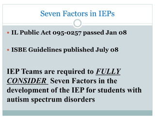 Seven Factors in IEPs
—  IL Public Act 095-0257 passed Jan 08
—  ISBE Guidelines published July 08
IEP Teams are required to FULLY
CONSIDER Seven Factors in the
development of the IEP for students with
autism spectrum disorders
 
