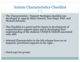Autism Characteristics Checklist
—  The Characteristics / Support Strategies checklist was
developed in 1993 by Mary Graczyk, Nan Negri, PhD. and
Michael Schoultz.
—  The Checklist is a great tool for teams in development of
comprehensive support plans and in developing their
understanding of the students UNIQUE NEEDS associated
with ASD
—  Selected Characteristics in the left column focus us on
targeted/ prioritized supports in the right…
—  (hard copy for group)
 