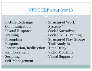 NPDC EBP 2014 (cont.)
•  Picture Exchange
Communication
•  Pivotal Response
Training
•  Prompting
•  Response
•  Interruption/Redirection
•  Reinforcement
•  Scripting
•  Self-Management
•  Structured Work
Systems*
•  Social Narratives
•  Social Skills Training
•  Structured Play Groups
•  Task Analysis
•  Time Delay
•  Video Modeling
•  Visual Supports
 