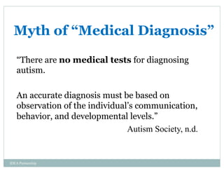 IDEA Partnership
Myth of “Medical Diagnosis”
“There are no medical tests for diagnosing
autism.
An accurate diagnosis must be based on
observation of the individual’s communication,
behavior, and developmental levels.”
Autism Society, n.d.
 