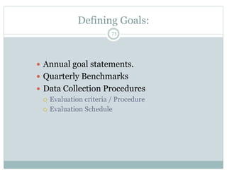 —  Annual goal statements.
—  Quarterly Benchmarks
—  Data Collection Procedures
¡  Evaluation criteria / Procedure
¡  Evaluation Schedule
73
Defining Goals:
 