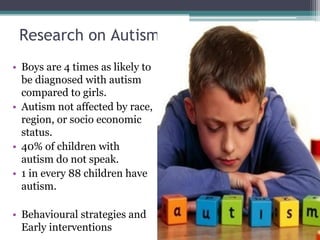 Research on Autism
• Boys are 4 times as likely to
be diagnosed with autism
compared to girls.
• Autism not affected by race,
region, or socio economic
status.
• 40% of children with
autism do not speak.
• 1 in every 88 children have
autism.
• Behavioural strategies and
Early interventions
 