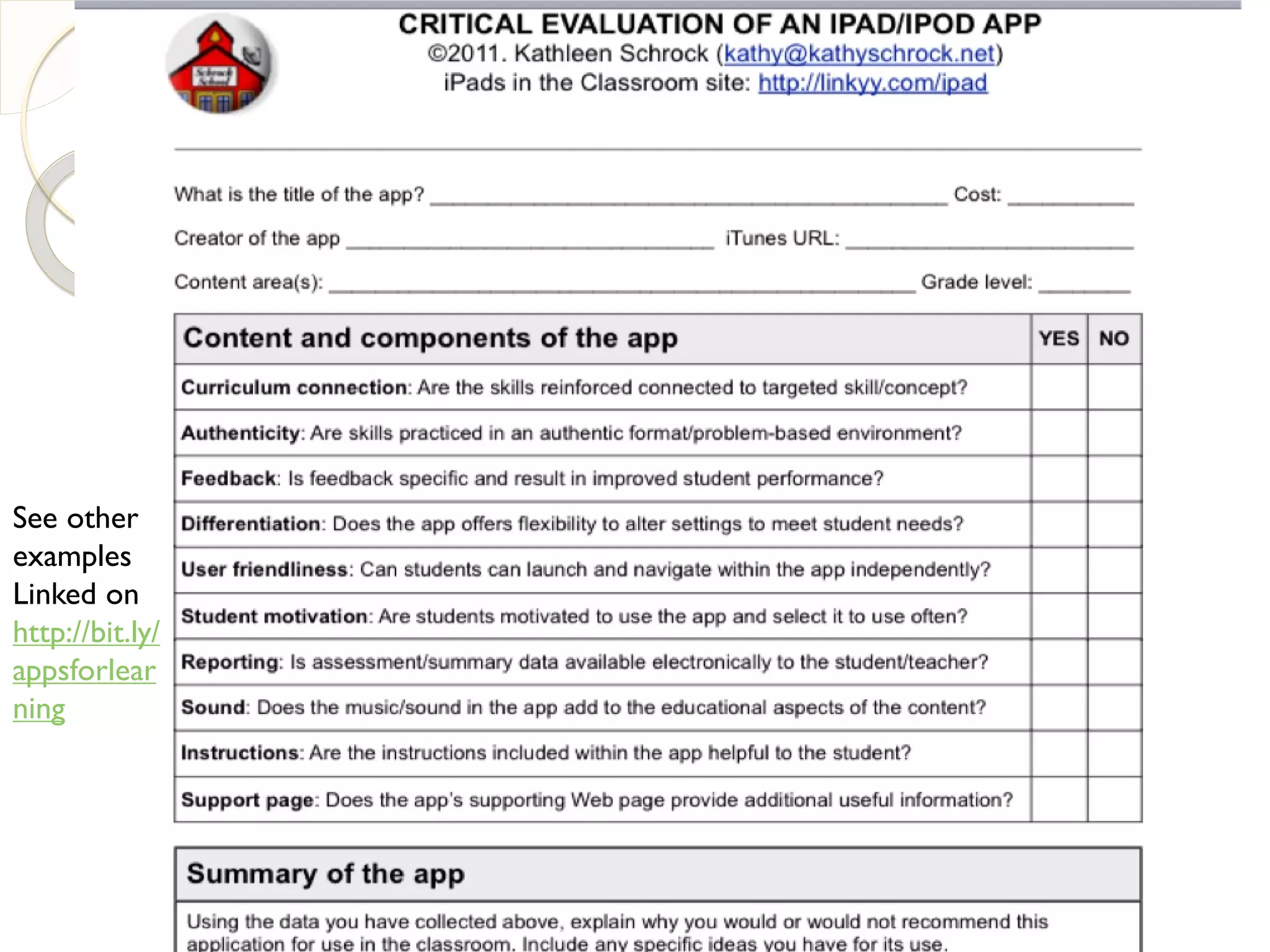 Evaluating your app




See other
examples
Linked on
http://bit.ly/
appsforlear
ning
 
