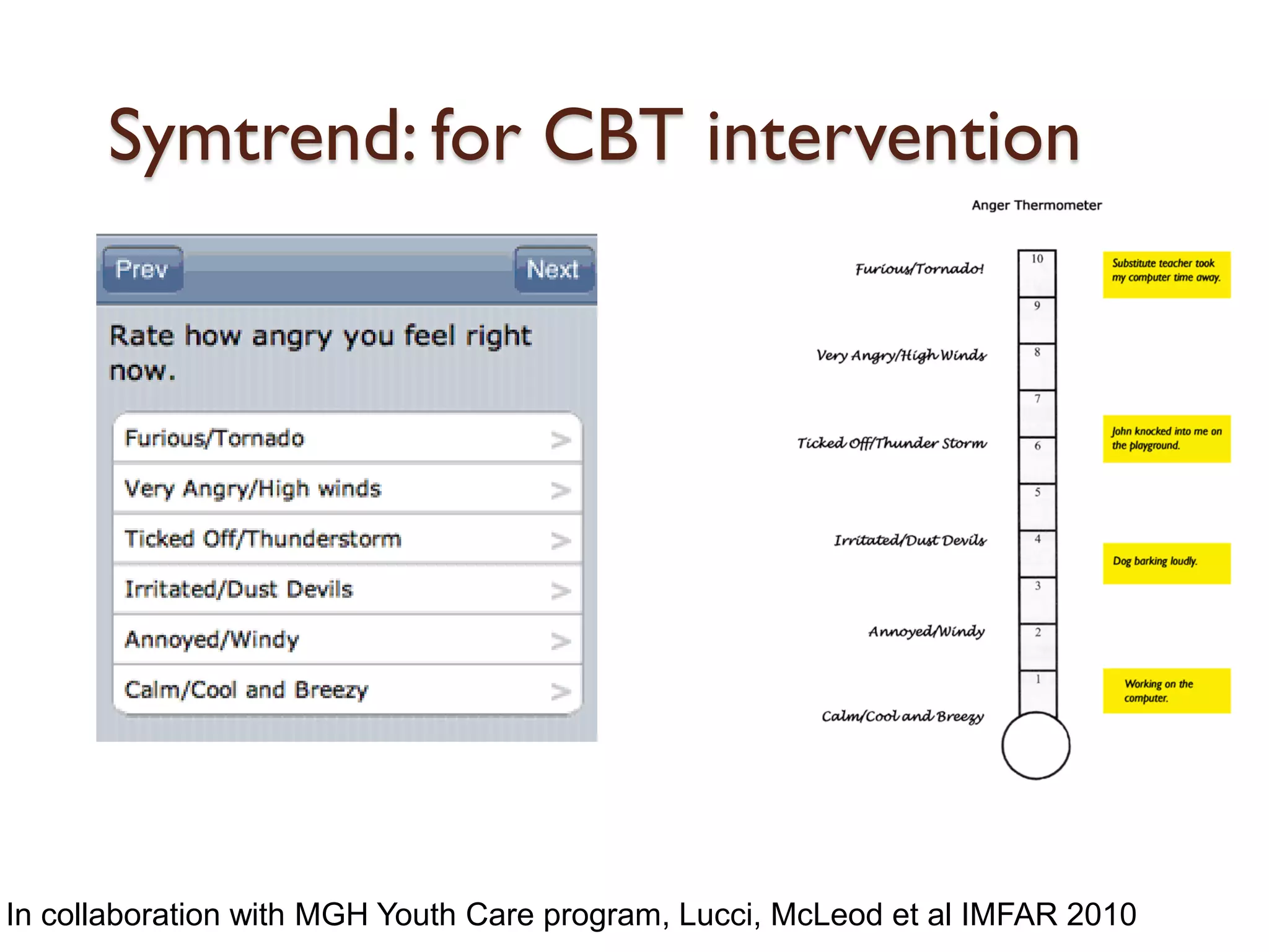 Symtrend: for CBT intervention




In collaboration with MGH Youth Care program, Lucci, McLeod et al IMFAR 2010
 