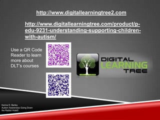 http://www.digitallearningtree2.com
http://www.digitallearningtree.com/product/p-
edu-9231-understanding-supporting-children-
with-autism/
Karina D. Barley
Autism Awareness Going Down
the Rabbit Hole©
Use a QR Code
Reader to learn
more about
DLT‟s courses
 