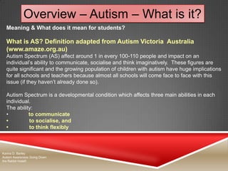 Overview – Autism – What is it?
Meaning & What does it mean for students?
What is AS? Definition adapted from Autism Victoria Australia
(www.amaze.org.au)
Autism Spectrum (AS) affect around 1 in every 100-110 people and impact on an
individual‟s ability to communicate, socialise and think imaginatively. These figures are
quite significant and the growing population of children with autism have huge implications
for all schools and teachers because almost all schools will come face to face with this
issue (if they haven‟t already done so).
Autism Spectrum is a developmental condition which affects three main abilities in each
individual.
The ability:
• to communicate
• to socialise, and
• to think flexibly
Karina D. Barley
Autism Awareness Going Down
the Rabbit Hole©
 