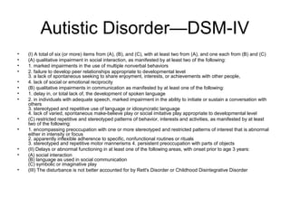 Autistic Disorder—DSM-IV
• (I) A total of six (or more) items from (A), (B), and (C), with at least two from (A), and one each from (B) and (C)
• (A) qualitative impairment in social interaction, as manifested by at least two of the following:
• 1. marked impairments in the use of multiple nonverbal behaviors
• 2. failure to develop peer relationships appropriate to developmental level
3. a lack of spontaneous seeking to share enjoyment, interests, or achievements with other people,
• 4. lack of social or emotional reciprocity
• (B) qualitative impairments in communication as manifested by at least one of the following:
• 1. delay in, or total lack of, the development of spoken language
• 2. in individuals with adequate speech, marked impairment in the ability to initiate or sustain a conversation with
others
3. stereotyped and repetitive use of language or idiosyncratic language
4. lack of varied, spontaneous make-believe play or social imitative play appropriate to developmental level
• (C) restricted repetitive and stereotyped patterns of behavior, interests and activities, as manifested by at least
two of the following:
• 1. encompassing preoccupation with one or more stereotyped and restricted patterns of interest that is abnormal
either in intensity or focus
2. apparently inflexible adherence to specific, nonfunctional routines or rituals
3. stereotyped and repetitive motor mannerisms 4. persistent preoccupation with parts of objects
• (II) Delays or abnormal functioning in at least one of the following areas, with onset prior to age 3 years:
• (A) social interaction
(B) language as used in social communication
(C) symbolic or imaginative play
• (III) The disturbance is not better accounted for by Rett's Disorder or Childhood Disintegrative Disorder
 